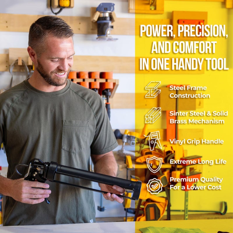 AWF PRO Heavy Duty Caulk Gun, 18:1 Thrust Ratio, Steel Frame Construction, Rotating Barrel, Ladder Hook, Puncture Tool & No Drip Pressure Release Tab, 10 oz Caulking Gun - Image 2